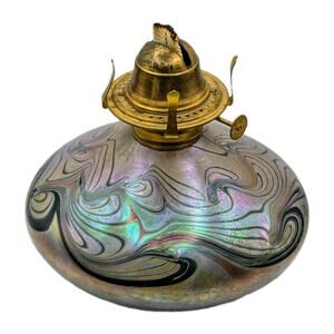 Large Hartman Iridescent Pulled Feather Swirl Art Glass Oil Lamp 1976 Hawaii